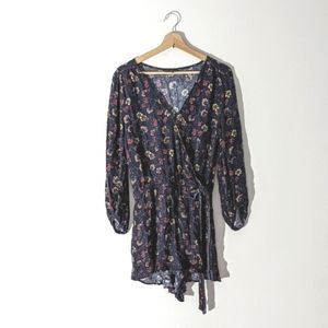 American Eagle Navy Floral Long sleeve Surplice Romper